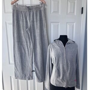 Route 66 Vintage women's Gray Velour Hoodie Jacket & Wide Leg Pants set Size L